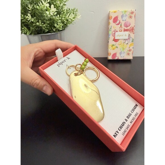 Piper K Tini Time Martini Glass Keychain Bag Charm Blue Stripe Olive Retro NIB - Picture 4 of 10